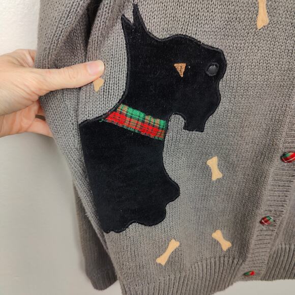 Vintage All Points Scottish Terrier Cardigan Sweater Women Large Gray Knit Ramie - Picture 2 of 7